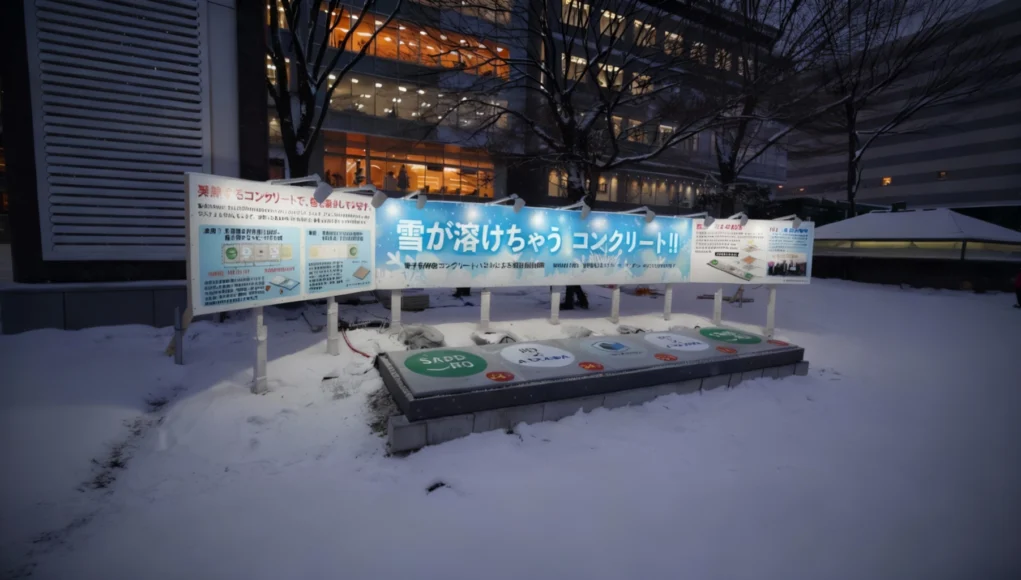 Exhibición en exteriores durante un día nevado, con un panel informativo en japonés sobre cemento que funciona como batería. Frente al cartel se observan varias secciones rectangulares en el suelo, cada una marcada con logotipos y nombres de entidades, donde el cemento parece estar derritiendo la nieve acumulada.