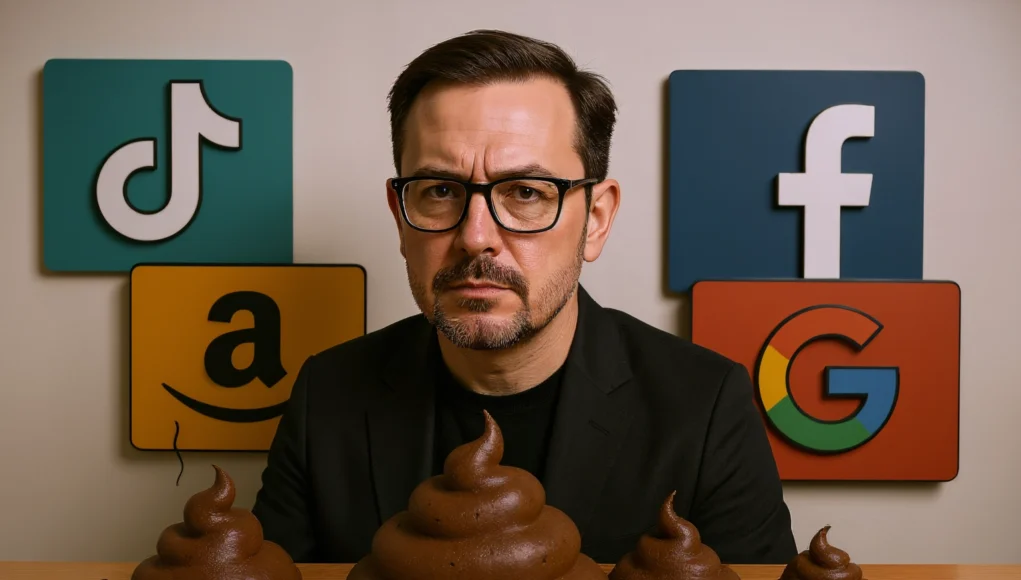 Un hombre con gafas y expresión seria aparece sentado frente a una mesa con montones de excremento en forma caricaturesca. Detrás de él se ven los logotipos de TikTok, Amazon, Facebook y Google, representando la crítica a la degradación de las plataformas digitales.