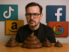 La «enshitificación», el porqué de que todo en internet empeore con el tiempo Un hombre con gafas y expresión seria aparece sentado frente a una mesa con montones de excremento en forma caricaturesca. Detrás de él se ven los logotipos de TikTok, Amazon, Facebook y Google, representando la crítica a la degradación de las plataformas digitales.
