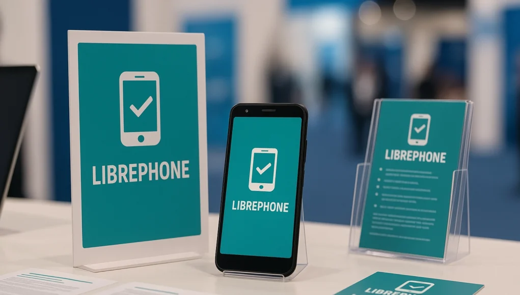 Stand promocional del proyecto LibrePhone, con un teléfono móvil en exposición acompañado de carteles y folletos en color turquesa que muestran el logotipo de un smartphone con una marca de verificación.