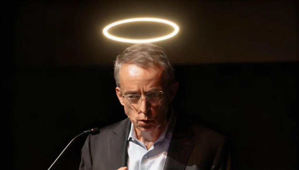 Hombre mayor con traje y gafas hablando en un atril con micrófono, bajo una luz circular que parece un halo iluminado sobre su cabeza.