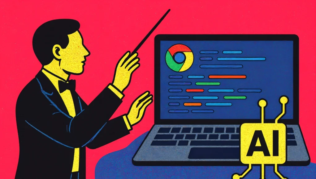 Un director de orquesta que dirige una laptop con el logo de Chrome en la pantalla mostrando líneas de código, mientras un chip con las siglas “AI” simboliza la inteligencia artificial conectada al proceso