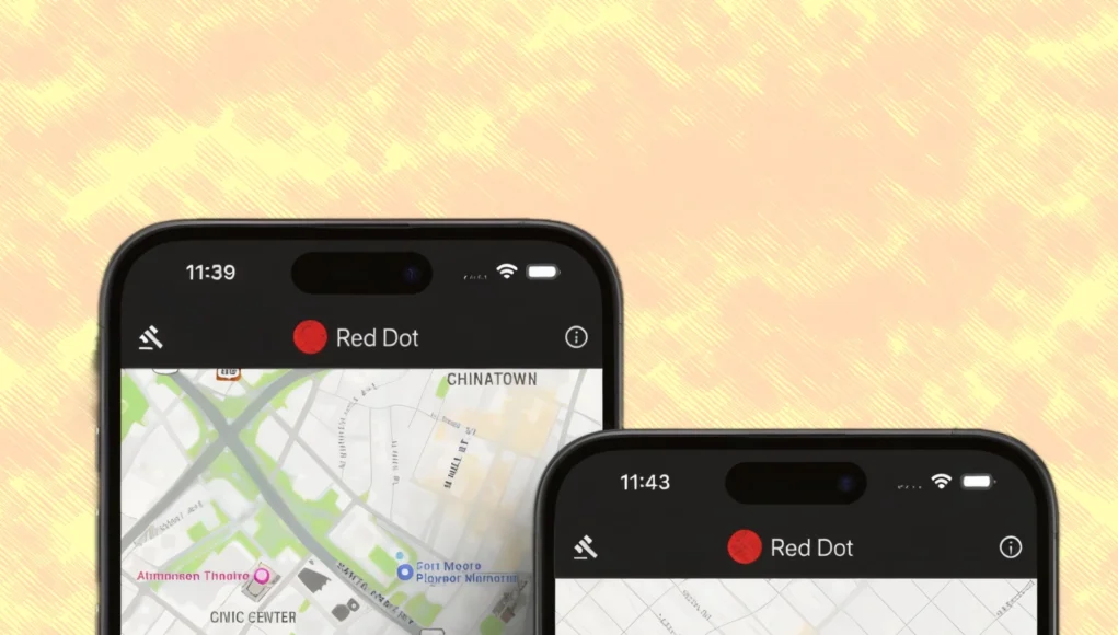 Dos teléfonos móviles muestran la interfaz de la aplicación “Red Dot”. Ambas pantallas presentan un mapa urbano con puntos rojos señalando ubicaciones específicas. En la pantalla de la izquierda, bajo el mapa aparece una sección titulada “Recent Reports” con un reporte en Woodman / Burbank, Los Ángeles, registrado hace 24 minutos. La pantalla de la derecha muestra un mapa centrado en Wilshire con varios puntos rojos destacados.