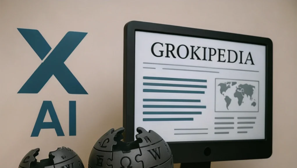 Ilustración digital que muestra un monitor con la página de Grokipedia en pantalla, acompañado de dos esferas con el logotipo de Wikipedia en una mesa y el logotipo de xAI en el fondo.