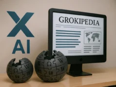 Elon Musk lanza Grokipedia, su enciclopedia que directamente copia páginas de la Wikipedia Ilustración digital que muestra un monitor con la página de Grokipedia en pantalla, acompañado de dos esferas con el logotipo de Wikipedia en una mesa y el logotipo de xAI en el fondo.