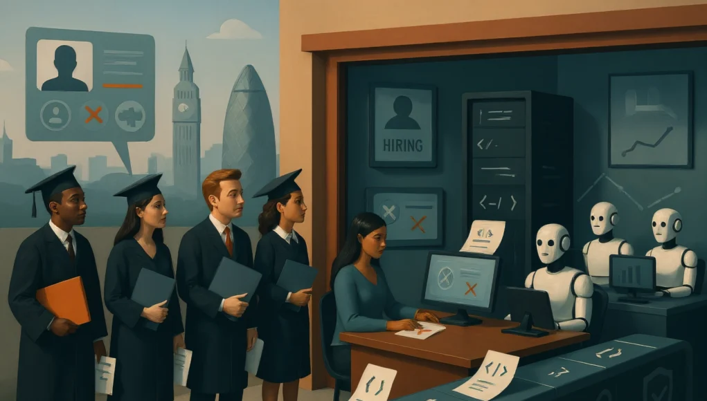 Un grupo de jóvenes graduados haciendo fila frente a una oficina de reclutamiento, mientras en el interior robots humanoides y una empleada gestionan el proceso de contratación en ordenadores. En el fondo se distinguen íconos tecnológicos y gráficos de datos, representando cómo la inteligencia artificial está ocupando los puestos de nivel inicial que antes eran para recién graduados.
