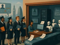 La contratación de graduados en tecnología se desploma 46% debido a que la IA realiza trabajos junior Un grupo de jóvenes graduados haciendo fila frente a una oficina de reclutamiento, mientras en el interior robots humanoides y una empleada gestionan el proceso de contratación en ordenadores. En el fondo se distinguen íconos tecnológicos y gráficos de datos, representando cómo la inteligencia artificial está ocupando los puestos de nivel inicial que antes eran para recién graduados.