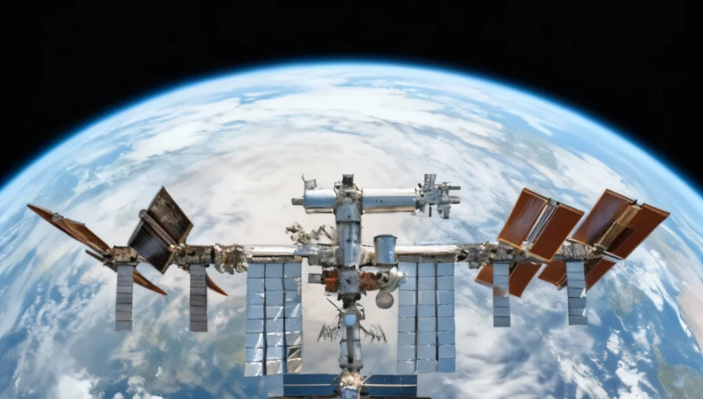 La Estación Espacial Internacional orbitando sobre la Tierra, con sus paneles solares desplegados y el planeta azul visible de fondo entre nubes y océanos.