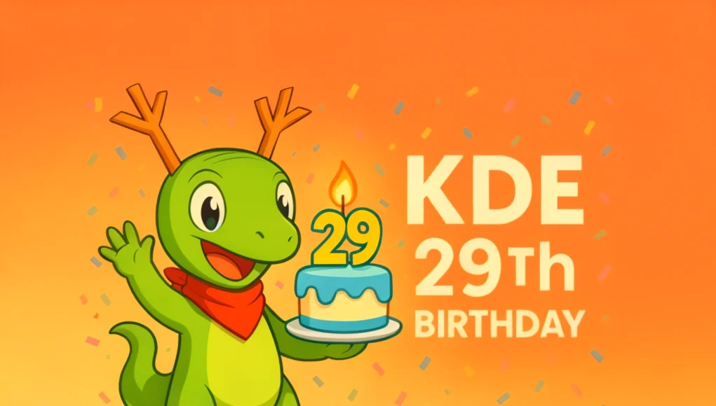 KDE 29 Cumpleaños Ilustración del dinosaurio verde Konqi, la mascota de KDE, celebrando el 29º cumpleaños del proyecto. Konqi sonríe con un pañuelo rojo al cuello, sostiene un pastel con el número 29 en velas encendidas, y alrededor hay confeti sobre un fondo naranja con el texto 'KDE 29th Birthday'.