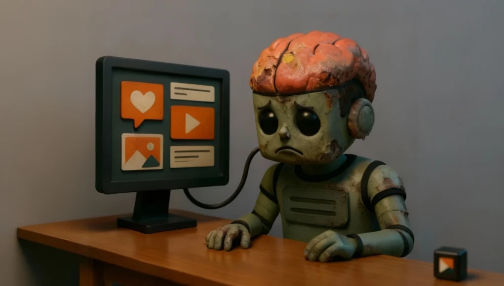 Un robot con aspecto deteriorado y un cerebro visible y dañado, conectado mediante un cable a un monitor que muestra iconos de redes sociales y contenido superficial. El robot aparece sentado frente a una mesa, con expresión triste, simbolizando el deterioro cognitivo causado por datos basura en modelos de IA.