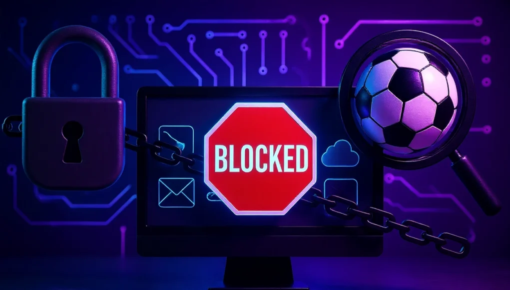 Ilustración digital en tonos azul y violeta que representa el bloqueo de internet. En el centro aparece un monitor con un cartel rojo de “BLOCKED” en forma de señal de stop, asegurado con una cadena. A la izquierda se ve un candado metálico y a la derecha una lupa enfocando un balón de fútbol, simbolizando la relación entre el fútbol y el bloqueo de servicios legítimos en la red.