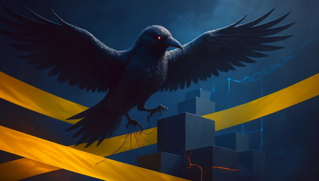 Un cuervo negro con ojos rojos extendiendo sus alas sobre bloques oscuros agrietados con líneas rojas brillantes, rodeado de cintas amarillas de precaución en un ambiente sombrío y tecnológico.