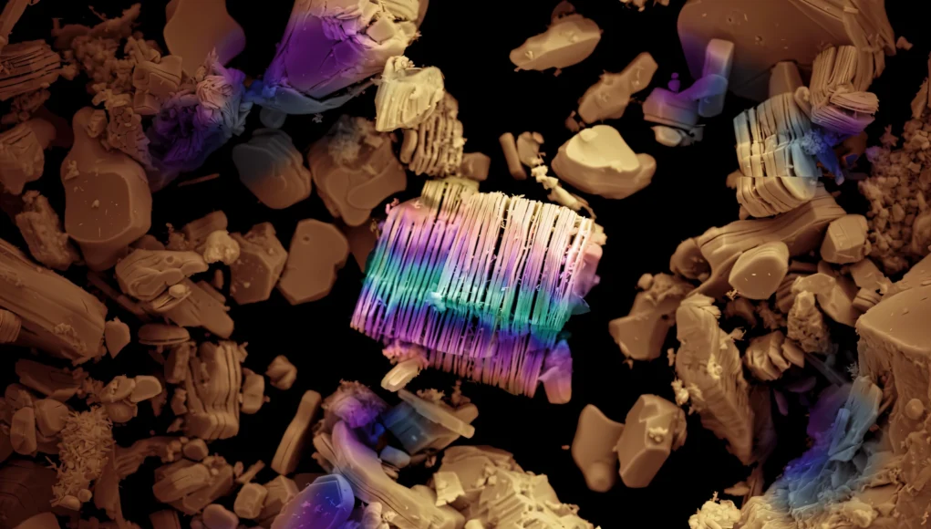 Partículas minerales con estructuras irregulares en tonos marrones, donde destaca un cristal rectangular con franjas de colores brillantes en púrpura, azul y verde.