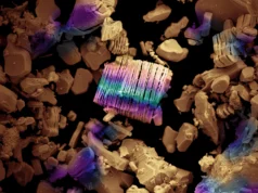 Científicos crean MXenes de alta entropía que desafían la lógica de los materiales Partículas minerales con estructuras irregulares en tonos marrones, donde destaca un cristal rectangular con franjas de colores brillantes en púrpura, azul y verde.