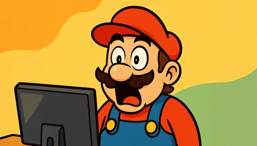 Un plomero bigotudo de estilo cómico, con gorra roja y mono azul, mirando sorprendido a cámara con los ojos muy abiertos y la boca abierta en gesto gracioso. Fondo simple colorido estilo caricatura.