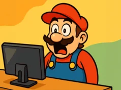 Nintendo demanda a moderador de Reddit por 4.5 millones de dólares por piratería de Switch Un plomero bigotudo de estilo cómico, con gorra roja y mono azul, mirando sorprendido a cámara con los ojos muy abiertos y la boca abierta en gesto gracioso. Fondo simple colorido estilo caricatura.