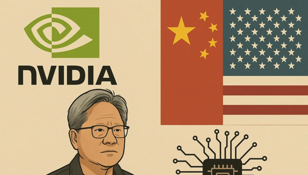 Nvidia China EEUU Ilustración digital de estilo plano que muestra a Jensen Huang, CEO de Nvidia, con expresión seria y gafas. A su lado aparece el logotipo de Nvidia, las banderas de China y Estados Unidos, y un microchip con circuitos. El diseño utiliza tonos beige, rojos y verdes para simbolizar la tensión tecnológica y comercial entre ambos países.