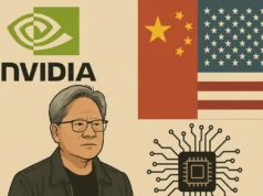 Jensen Huang revela que Nvidia pasó de tener el 95% del mercado chino a cero por las restricciones de EE.UU. Ilustración digital de estilo plano que muestra a Jensen Huang, CEO de Nvidia, con expresión seria y gafas. A su lado aparece el logotipo de Nvidia, las banderas de China y Estados Unidos, y un microchip con circuitos. El diseño utiliza tonos beige, rojos y verdes para simbolizar la tensión tecnológica y comercial entre ambos países.