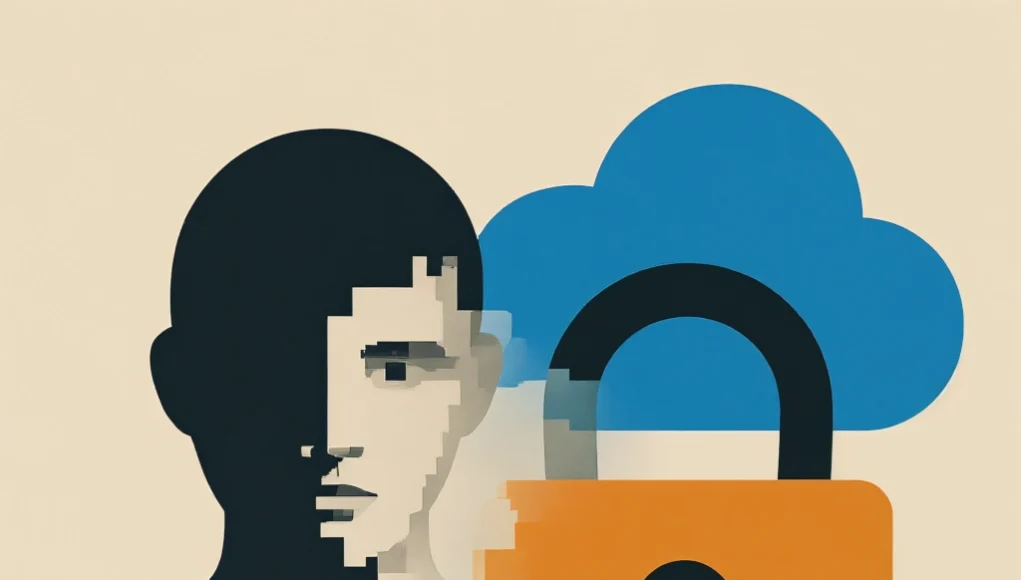 Ilustración digital minimalista de un rostro humano dividido, mitad en sombras y mitad pixelado, junto a un candado naranja y un icono de nube azul, simbolizando el reconocimiento facial, la privacidad digital y la protección de datos en la nube.