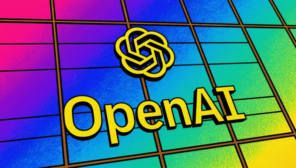 Logotipo de OpenAI en color amarillo sobre un fondo de paneles con degradado multicolor que va del rosa y púrpura al azul y verde. En la parte superior aparece el símbolo característico de OpenAI con forma de nudo geométrico.