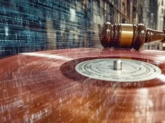 Sony Music lanza ofensiva legal contra el entrenamiento de IA con música protegida por derechos de autor Un mazo judicial golpeando un disco de vinilo sobre el que se proyectan códigos digitales, simbolizando los conflictos legales entre la música tradicional y las nuevas tecnologías de inteligencia artificial.