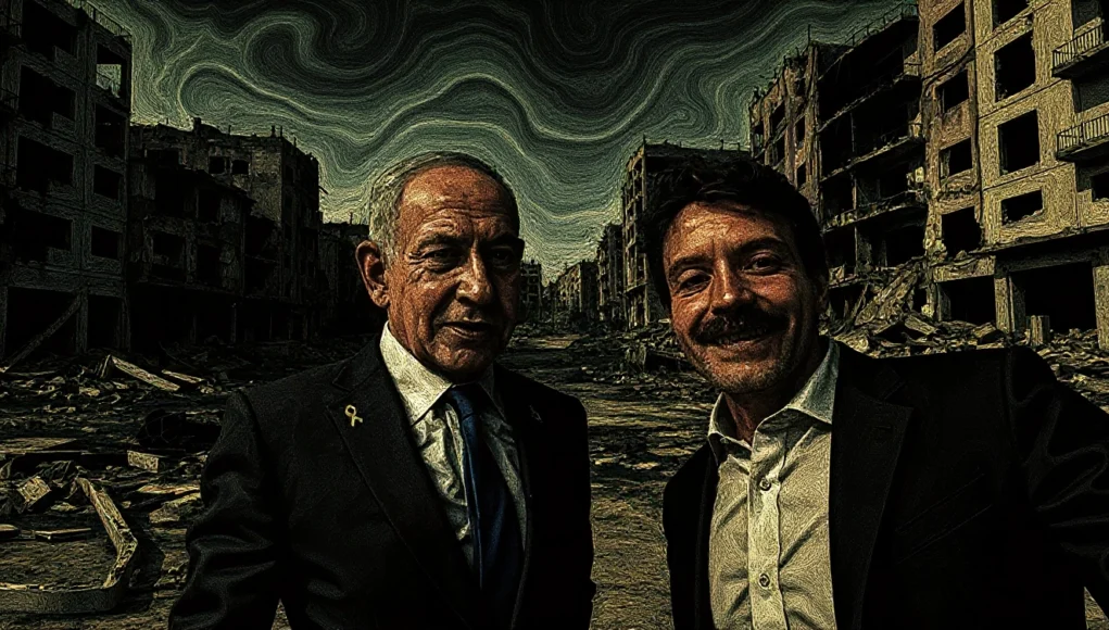 Imagen con estilo artístico oscuro que muestra a dos hombres vestidos de traje posando frente a un escenario de edificios destruidos y en ruinas. El cielo tiene un efecto dramático de remolinos, lo que intensifica la atmósfera de devastación y contraste entre las figuras en primer plano y el fondo de destrucción.