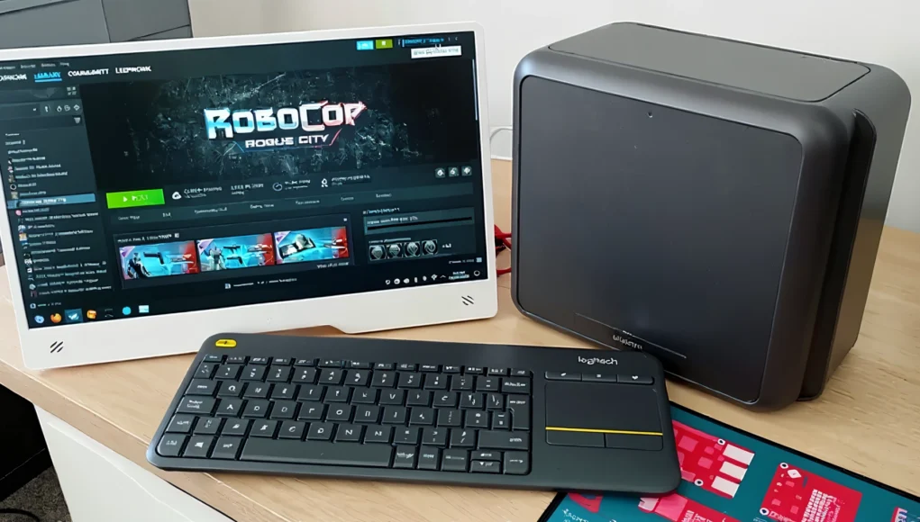 Un pequeño setup de escritorio con monitor mostrando Steam y el juego RoboCop: Rogue City, acompañado de un teclado inalámbrico y un ordenador compacto sobre una mesa de madera.