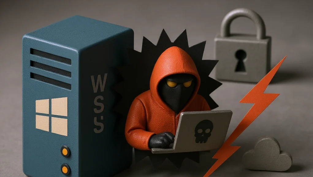 Un hacker con sudadera roja y capucha que emerge de un servidor azul con el logo de Windows y las siglas WSUS. El personaje utiliza un portátil gris con una calavera negra en la tapa. A su alrededor aparecen un candado gris, un rayo naranja y una nube, simbolizando una vulnerabilidad de seguridad en Windows Server Update Services.
