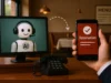Yelp lanza IA conversacional para responder llamadas y gestionar reservas en restaurantes Un robot con auriculares y micrófono aparece en la pantalla de un monitor sobre un escritorio de restaurante, junto a un teléfono fijo. Frente a él, una mano sostiene un smartphone que muestra una confirmación de reserva con un icono de verificación, mientras de fondo se distinguen mesas y lámparas en un ambiente de comedor.