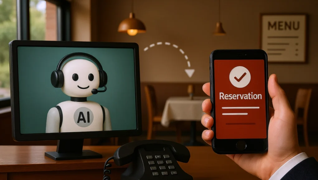 Un robot con auriculares y micrófono aparece en la pantalla de un monitor sobre un escritorio de restaurante, junto a un teléfono fijo. Frente a él, una mano sostiene un smartphone que muestra una confirmación de reserva con un icono de verificación, mientras de fondo se distinguen mesas y lámparas en un ambiente de comedor.