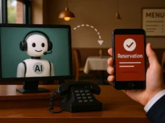 Yelp lanza IA conversacional para responder llamadas y gestionar reservas en restaurantes Un robot con auriculares y micrófono aparece en la pantalla de un monitor sobre un escritorio de restaurante, junto a un teléfono fijo. Frente a él, una mano sostiene un smartphone que muestra una confirmación de reserva con un icono de verificación, mientras de fondo se distinguen mesas y lámparas en un ambiente de comedor.