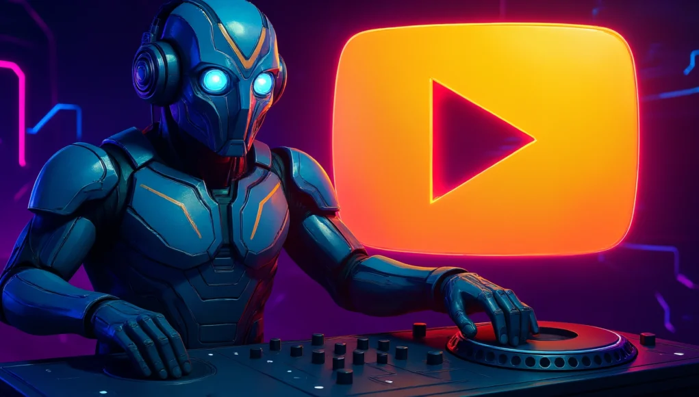 Ilustración futurista de un robot DJ con auriculares y traje metálico azul manejando una consola de mezclas. Al fondo se ve un gran logotipo de YouTube en tonos naranjas y rosados brillantes, iluminando la escena con un ambiente cibernético y tecnológico.