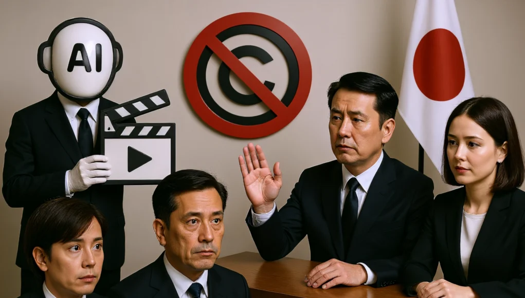 Grupo de funcionarios japoneses con expresión seria sentados y de pie en una mesa, junto a una bandera de Japón. Detrás de ellos aparece una figura humanoide con casco blanco con las letras “AI” y una claqueta de cine en las manos. En la pared se ve un símbolo de copyright tachado en rojo, representando desacuerdo o prohibición. La escena sugiere una postura oficial frente al uso de inteligencia artificial y derechos de autor.