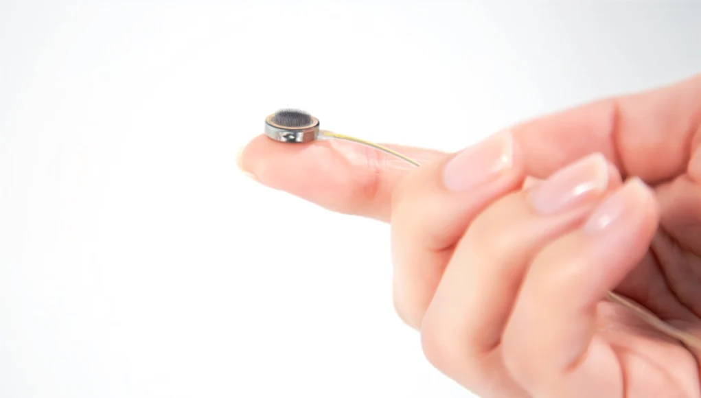 Una mano sosteniendo un diminuto microchip circular colocado sobre la punta de un dedo, mostrando su tamaño extremadamente pequeño sobre un fondo blanco.