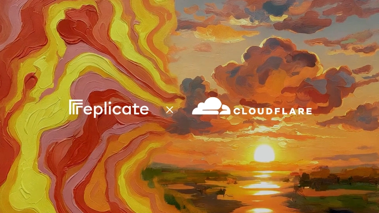 Cloudflare Replicate Ilustración dividida en dos estilos: a la izquierda, un patrón abstracto con formas onduladas en tonos rojos, amarillos y rosas; a la derecha, un paisaje pintado al óleo con un atardecer brillante y nubes voluminosas sobre un horizonte reflejado en el agua. En el centro aparecen los logotipos de Replicate y Cloudflare separados por una “x”, indicando una colaboración entre ambas compañías.