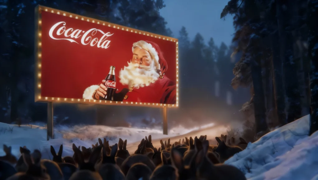 Un grupo numeroso de conejos en un bosque nevado observa una gran valla publicitaria iluminada que muestra a Papá Noel sosteniendo una botella de Coca-Cola. La escena ocurre al atardecer o de noche, con nieve cubriendo el suelo y árboles alrededor, y una luz cálida proveniente del cartel que contrasta con el entorno frío.