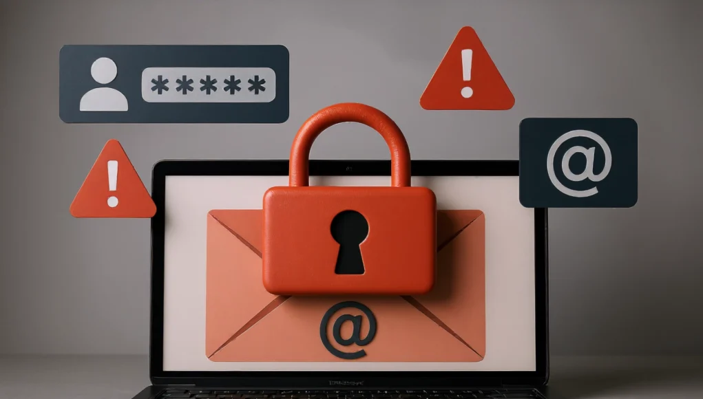 Ordenador portátil con la pantalla mostrando un sobre de correo electrónico y un gran candado rojo encima, simbolizando la seguridad de las contraseñas y correos. Alrededor del portátil aparecen iconos flotantes: un campo de contraseña con asteriscos, dos triángulos de advertencia con signos de exclamación y símbolos de arroba (@), representando riesgos y filtraciones de credenciales.