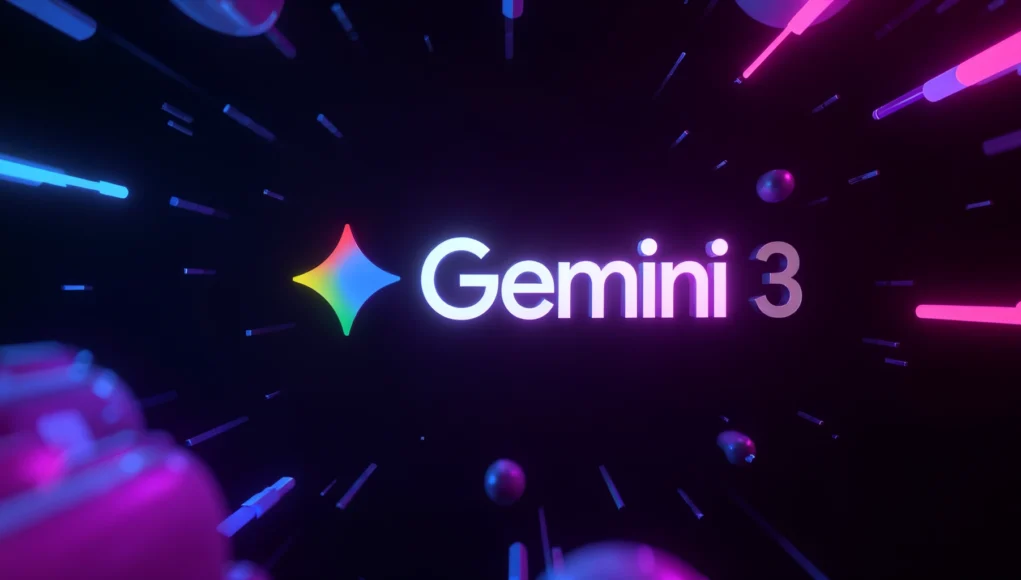 Fondo oscuro en la que aparece el texto “Gemini 3” iluminado en tonos neón rosados, morados y azules. A la izquierda del texto se ve el logotipo en forma de estrella curva con un degradado multicolor. Alrededor hay líneas y formas luminosas que se desplazan hacia el centro, creando un efecto dinámico y futurista.