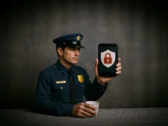 GrapheneOS tachado de «elección de criminales» en Francia tras fallar la policía en descifrar un teléfono Google Pixel Un agente de policía uniformado sostiene un teléfono móvil que muestra un icono de candado sobre un escudo, simbolizando la seguridad y el cifrado. El oficial está sentado frente a una mesa, con gesto serio, en un entorno oscuro y neutro.