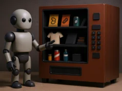 El misterioso caso de la IA que intentó contactar al FBI por una estafa de máquina expendedora Un pequeño robot humanoide de aspecto amistoso, con cuerpo gris y articulaciones negras, está de pie junto a una máquina expendedora marrón. El robot señala uno de los productos del interior. La máquina muestra varios artículos inusuales, como bolsas de aperitivos, una camiseta, libros, latas de bebida y una caja metálica. La escena está iluminada suavemente y transmite un ambiente tecnológico y ligeramente futurista.