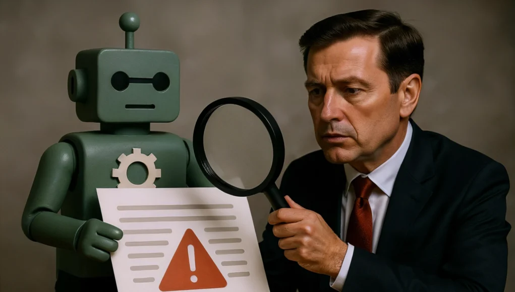 IA Legal Un abogado de mediana edad con traje oscuro y corbata roja examina atentamente, con una lupa en la mano, un documento que sostiene un robot verde de aspecto simple y mecánico. En el papel se muestra un gran símbolo de advertencia rojo, simbolizando un error o problema. La escena sugiere la revisión de errores cometidos por inteligencia artificial en un entorno legal.