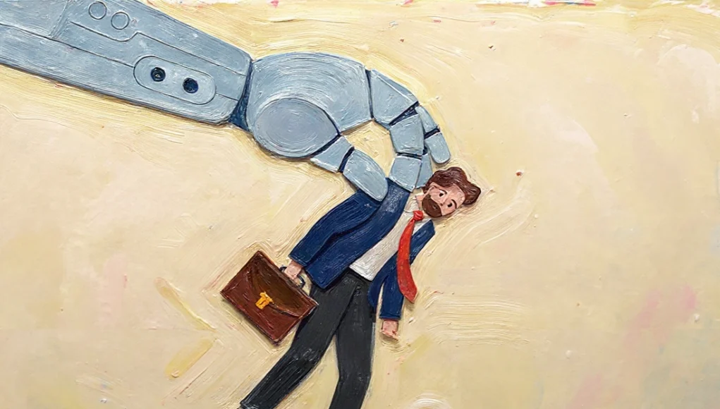 Ilustración de estilo pictórico que muestra una enorme mano robótica sujetando por la espalda a un hombre con traje, corbata roja y maletín, que parece sorprendido o asustado. La escena transmite la idea de la inteligencia artificial reemplazando a los trabajadores humanos.