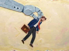 Un tercio de las empresas planean reemplazar a Recursos Humanos con inteligencia artificial Ilustración de estilo pictórico que muestra una enorme mano robótica sujetando por la espalda a un hombre con traje, corbata roja y maletín, que parece sorprendido o asustado. La escena transmite la idea de la inteligencia artificial reemplazando a los trabajadores humanos.