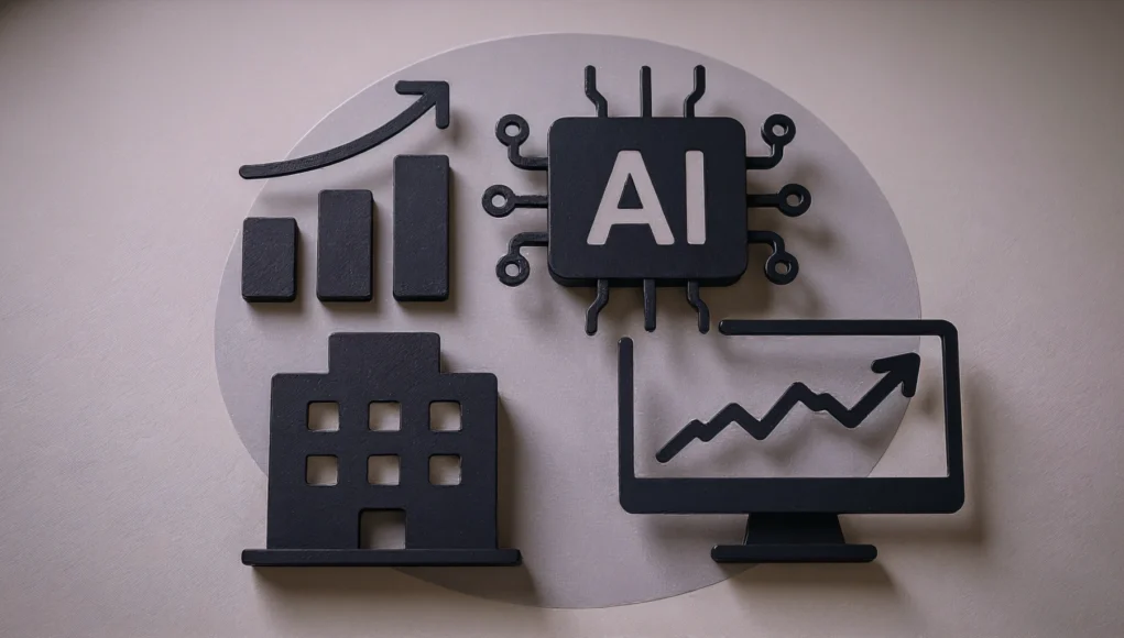 Ilustración en tonos grises que muestra iconos 3D relacionados con la inteligencia artificial y el crecimiento empresarial: un chip con las letras “AI”, una gráfica ascendente, un edificio corporativo y una pantalla con una línea de crecimiento.