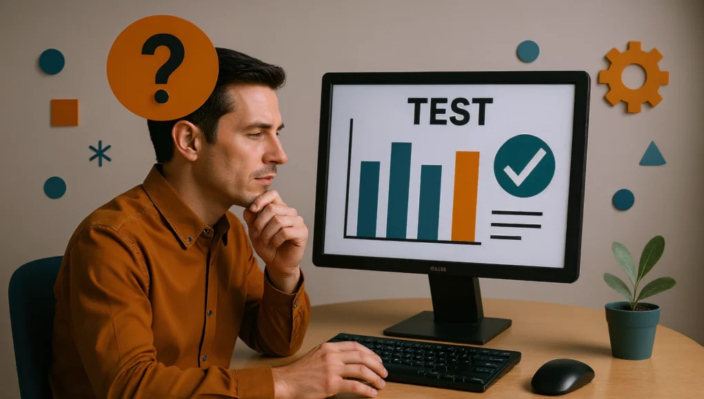 Hombre de mediana edad con camisa marrón observa pensativo una pantalla de ordenador que muestra un gráfico de barras con la palabra “TEST” y un símbolo de verificación. A su alrededor hay figuras decorativas de colores naranja y azul en la pared, y una pequeña planta en la mesa, transmitiendo una atmósfera analítica y reflexiva.
