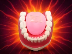 Científicos desarrollan lengua artificial con proteína láctea para medir el picante de alimentos Modelo anatómico de una boca con la lengua expuesta en primer plano, rodeado por un fondo rojo y naranja con efecto de explosión o llamas, creando una apariencia intensa y picante.