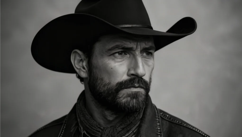 Retrato en blanco y negro de un hombre con barba y sombrero de vaquero, mirando hacia la derecha con expresión seria. Lleva una chaqueta de mezclilla y un pañuelo al cuello, en un estilo clásico del oeste.