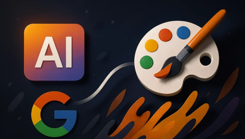 Ilustración digital en estilo moderno que muestra un icono cuadrado con las letras “AI” en un degradado naranja-morado, junto al logotipo de Google. A la derecha aparece una paleta de pintura con colores vibrantes y un pincel apoyado sobre ella. Todos los elementos están conectados por una línea ondulada que sugiere el flujo creativo de la inteligencia artificial hacia la creación artística, sobre un fondo oscuro con detalles abstractos en tonos naranja y azul.