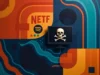 La propiedad del contenido digital es una ilusión—a menos que tengas tu propio servidor A la izquierda aparecen formas geométricas en tonos rojos, naranjas y amarillos con la palabra “NETF” y un icono similar al de Spotify. A la derecha, sobre un fondo azul oscuro con curvas que simulan mareas digitales, se muestra una pantalla con una calavera y huesos cruzados, símbolo de la piratería. El diseño mezcla colores cálidos y fríos, evocando el contraste entre servicios de streaming y el retorno a la piratería.