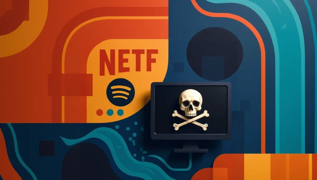 A la izquierda aparecen formas geométricas en tonos rojos, naranjas y amarillos con la palabra “NETF” y un icono similar al de Spotify. A la derecha, sobre un fondo azul oscuro con curvas que simulan mareas digitales, se muestra una pantalla con una calavera y huesos cruzados, símbolo de la piratería. El diseño mezcla colores cálidos y fríos, evocando el contraste entre servicios de streaming y el retorno a la piratería.